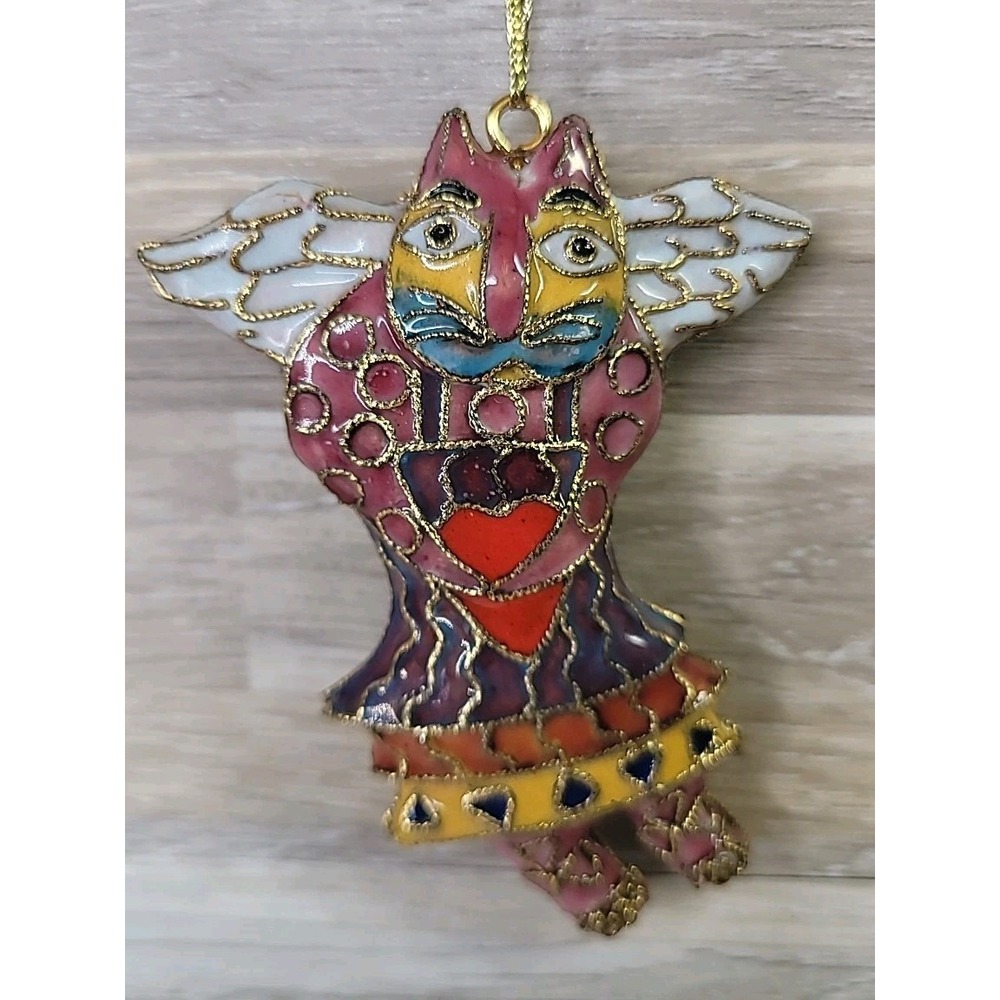 Laurel Burch Cloisonné Angel Cat Ornament 3D‎ Two Sided 3 1/4" Unique EUC